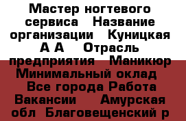 Мастер ногтевого сервиса › Название организации ­ Куницкая А.А. › Отрасль предприятия ­ Маникюр › Минимальный оклад ­ 1 - Все города Работа » Вакансии   . Амурская обл.,Благовещенский р-н